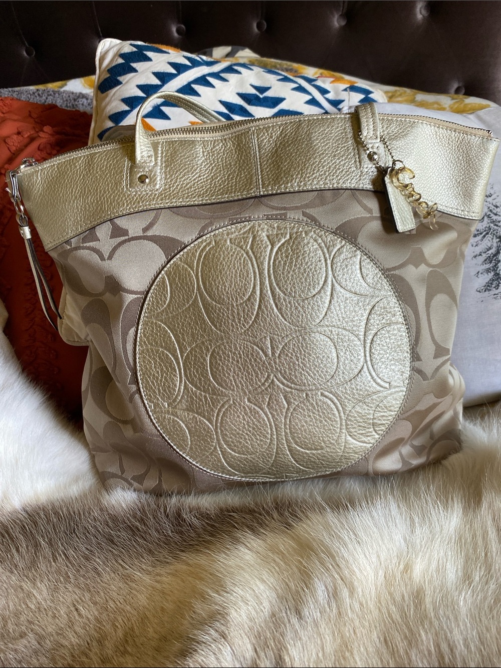 Coach Metallic Beige Signature Tote with Circular Logo Panel